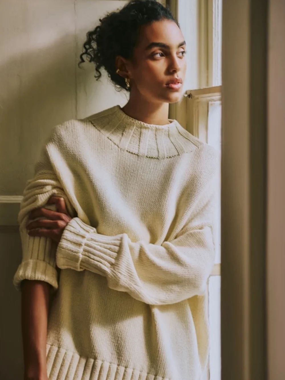 BR L Mother of Pearl Oversized Mock Neck Cotton Chunky Knit Sweater